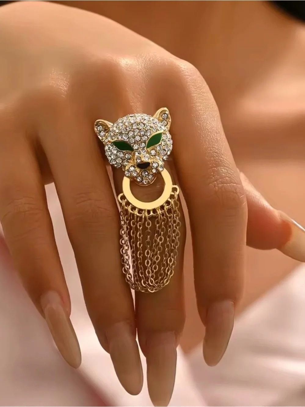 Gold Tone Panther Chain Drop Ring with Green Enamel Eyes